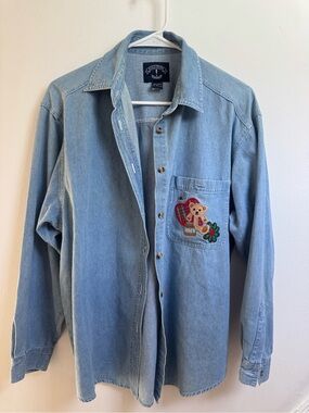 Light Blue Denim Button-Down Shirt with Teddy Pocket Patch